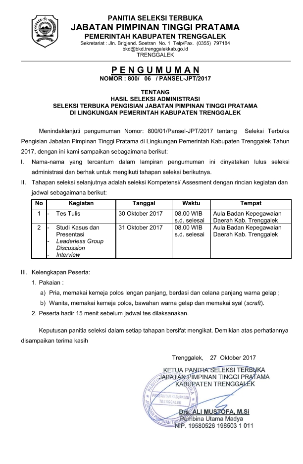 Hasil Seleksi Administrasi JPT Pratama-1