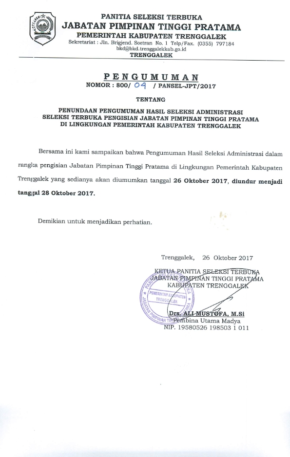 Pendundaan Pengumuman Hasil Seleksi Administrasi Seleksi JPT