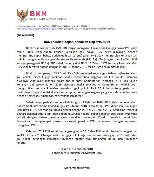 Siaran Pers Gaji 2019